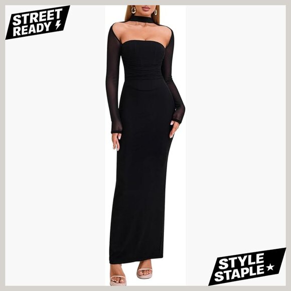 Long Sleeve Halter Maxi Dress Formal Wedding Guest Bodycon Slim Fit